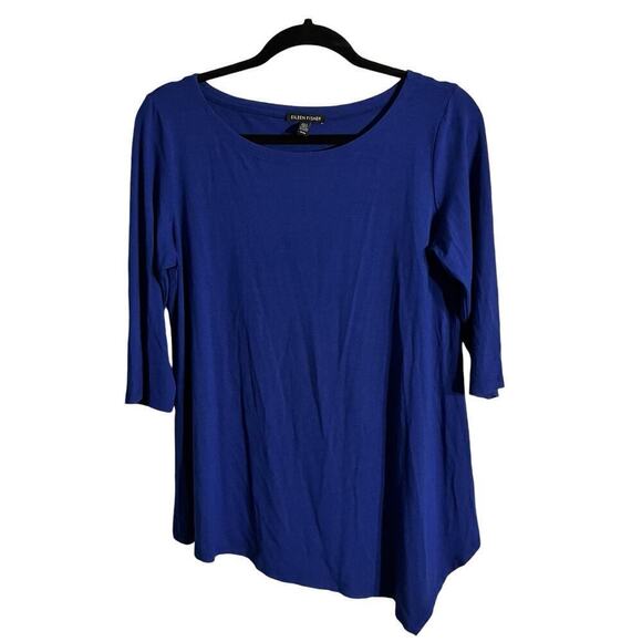 Eileen Fisher Scoop Neck 3/4 Sleeve Asymmetrical Hem Top | Medium - Picture 2 of 6